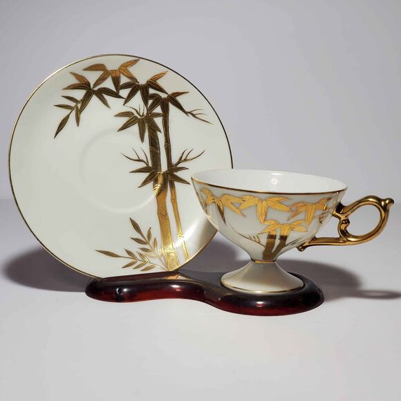 Gold Bamboo Teacup and Saucer Vintage Japan - Picture 1 of 10